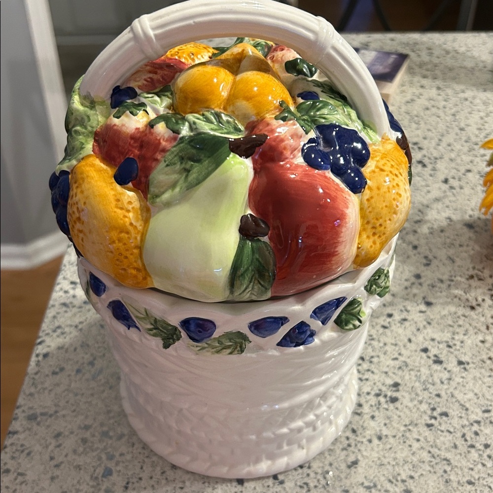 Alco Industries Cookie Jar Embossed & Hand Painted Fruit Basket Themed 10"Tall